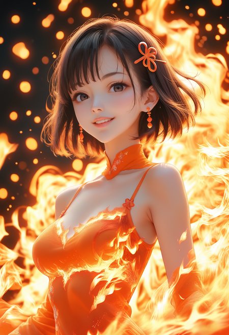 score_9, score_8_up, score_7_up,source_anime, dressof ire, dress of fire, fire dress,upper body, 1girl,,20yo, black hair, black eyes, short bob hair, hair pin,mdeium  breast, slender,(white thigh strap:1.1),
 front view  , looking at viewer, evening dress, earings, looking at viewer, simple background, dark background, fire background, fires, burning,, action pose, long  sleeve dress,smile ,orange dress, <lora:dress-of-fire-01:0.95>