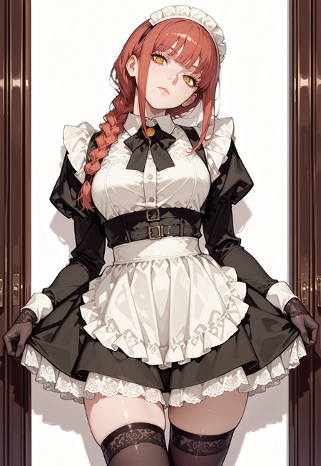 masterpiece, best quality, good quality, very aesthetic, absurdres, newest, 8K, depth of field, 
makima (chainsaw man), 1girl, solo, ringed eyes, yellow eyes, braid, braided ponytail, simple background, bangs, looking at viewer, long hair, head tilt, maid outfit, frilly dress, apron, headband, thighhighs, belted waist, elegant gloves, delicate lace, puffy skirt, 
standing,