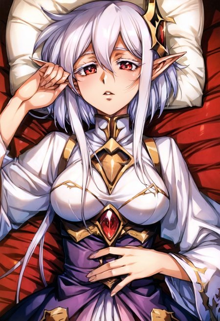 score_9, score_8_up, score_7_up, score_6_up, score_5_up, score_4_up, detailed, intricate details, source_anime, (1_girl, solo focus),  zerida-dark, 1girl, solo, short hair, sidelocks, breasts, parted lips, bangs, large breasts, hair ornament, red eyes, , White Eyelashes, , hair between eyes, , White Hair, , pointy ears, elf, Eyelashes, Colored Eyelashes, White colored eyelashes, Colored Eyebrows,  short hair with long locks,  , tired, sleepy, bags under eyes, lying, head on pillow, alarm clock, covers, pointy ears,,, <lora:add-detail-xl:1.0> ,(((feminine bodies))),(((perfect anatomy))), (((correct arms))), (((correct hands))), detailed eyes、detailed face and detailed skin <lora:add-detail-xl:1.0>, upper body