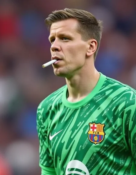 <lora:wojtek-szczesny-000004:1> wojtek szczesny in goal with a cigarette in his mouth, barcelona team. green golkeeper outfit