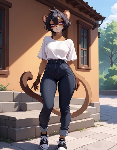 masterpiece, best quality, very aesthetic, absurdres,
outdoors, casual, 
full body, posing, 
seductive smile, parted lips, long eyelashes,
 <lora:MewMew_v02_NAIXL:1>
MewMewM,1girl,solo,furry,furry female, short hair, black hair, hair between eye, animal ears, purple eyes, body fur, brown fur,