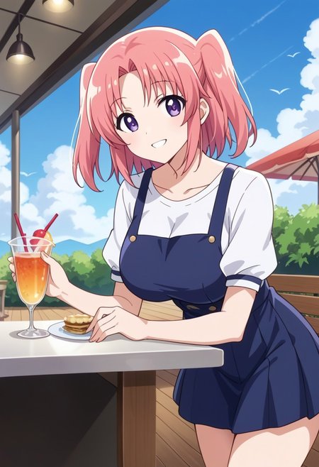 (score_9:0.9),score_8_up,score_7_up,rating_safe,anime style,(zPDXL),masterpiece, anime coloring) rating_safe, anime style, anime_screencap, source_anime,
BREAK source_anime, anime, best quality, masterpiece, rating_safe, uncensored, High quality, 8k, Ultra, Expressiveh,
BREAK (Cafe, cafe terrace, sunny weather, clouds, sun),
BREAK  1girl, kobeni, salopette, overall skirt,
BREAK  ((cowboy shot)),(leaning forward),(from below),
busty breasts,(large breasts:1.2),looking at viewer,smile,