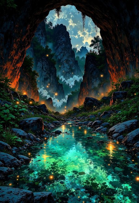 Thai Jungle Grotto – Hidden Cave & Sapphire Waters
"A secret jungle grotto in Thailand, where a narrow opening in the cliffs reveals a breathtaking turquoise pool. A gentle waterfall streams down from the rock face, its flow creating ripples across the water’s glassy surface. The surrounding limestone walls are covered in climbing ferns and hanging roots, illuminated by the soft glow of fireflies as the evening sets in."