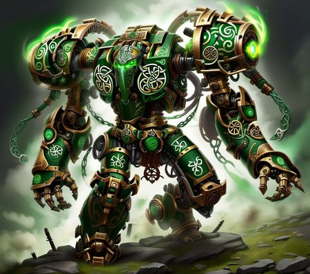 <lora:CulturePunkAI_2:.9>CeltPunkAI   battle mech  Highly detailed, amazing, Impressive lighting, vibrant colors, Ultra Realistic, High quality, Highly detailed, trending on artstation