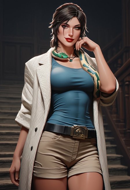 score_9,score_8_up,score_7_up,score_6_up, Expressiveh,Jed-LraC ,Lara Croft , A tight tank top, short shorts, combat boots, belt,  tomb raider, super detailed, super high resolution, 1girl, solo, looking at viewer, indoors, ornate wooden stairs, <lora:Snake_on_Shoulders:0.8> sn4k3, 1snake, cowboy shot, snake on shoulders, draped around shoulders, head resting in hand, white fur coat, fluffy coat, makeup, night time, smirk, red lipstick,, masterpiece, best quality, good quality, newest