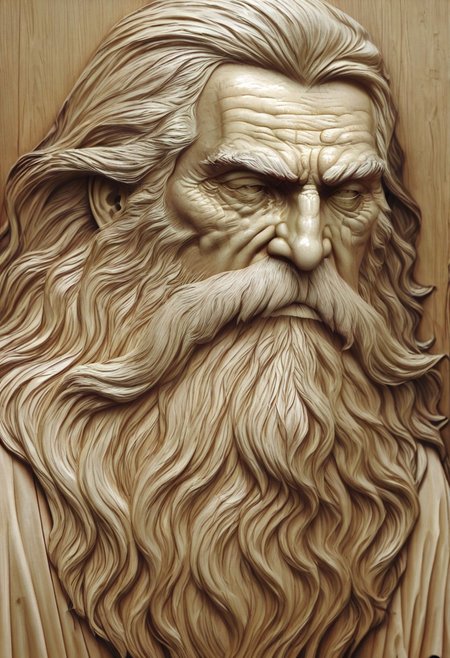 masterpiece, best quality, newest, absurdres, highres, WCILV1.0, wood, wood carving (medium), realistic, brown theme, monochrome, 1boy, dark skin, dark skinned male, white hair, long beard, long hair, monk, white robe, white eyes, blind eyes, wrinkles, wrinkled face, wrinkled, wrikly, old, mature, old man