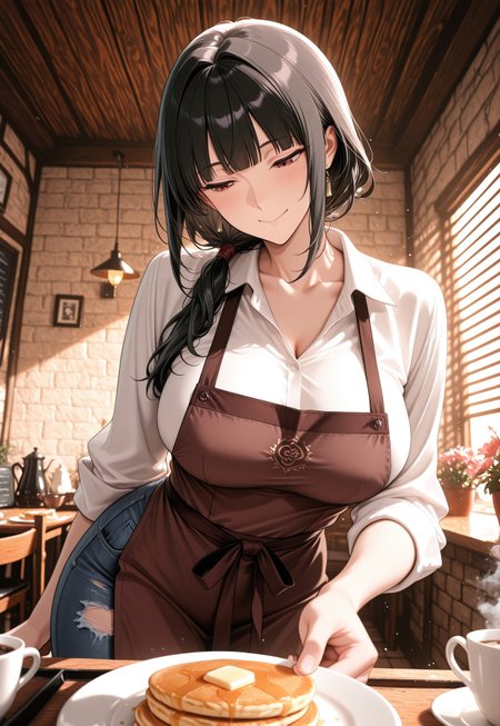 masterpiece,best quality,amazing quality,newest,absurdres,highres, newest,very awa, scenery,  anime,
(dutch angle:1.4),   cowboy shot,from side, side view,pov,from below,
1girl, beautiful face, perfect eyes, detailed eyes,(mature female),milf,
black hair,blunt bangs, side ponytail, low ponytail,
red eyes,looking at viewer,looking down,  smile,happy, head tilt,
large breasts,collarbone, skindentation,(bra visible through clothes:0.8),
brown apron,white shirt, collared shirt, denim, detailed clothing, (torn pants:0.8),
coffee,pancake,  plate, steam,latte art,
tray, (serving food:1.4),leaning to the side,
kissaten,japanses cafe,vintage,brick wall,  potted flower, tile floor, wooden floor,chair,ceiling lamp, 
sunset,light ray,dappled sunlight,ray tracing,dim lighting, light through blinds, glowing dust particles,off focus,off center,
volumetric light,blurry foreground,vignetting, (foreshortening:1.6),warm atmosphere, detailed background, colorful, vibrant colors, soft lighting, soft shading, shadow,
<lora:kissaten:0.5>,
<lora:GrownRuler_v0.2:1> ,<lora:Mature_Oily_Effect_v0.2:0.2>,
