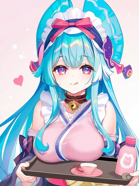 yumemizuki mizuki, 1girl, solo, white background, simple background, upper body, holding bottle, looking at viewer, smile, closed mouth, large breasts, breast rest, armpit crease, pink shirt, frilled shirt, sleeveless shirt, black choker, bare shoulders, detached sleeves, highres, headdress, :q, tray, jingle bell, heart,(artist:atdan:0.9),(artist:torino_aqua:0.8),(artist:izumi_tsubasu:0.9),(artist:kedama_milk:1.05),(artist:nardack:0.75),(artist:ke-ta:0.95),(artist:toosaka_asagi:0.7),(artist:sho_(sho_lwlw):0.8),(artist:as109:0.8),masterpiece,best quality,amazing quality,very aesthetic,absurdres,<lora:yumemizuki_mizuki_v1-000010:1>,