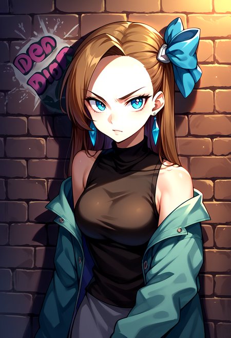score_9, score_8_up, source_anime, 1girl, solo, KatarinaClaes, long hair, asymmetrical bangs, hair bow, earrings, sharp eyes, choker, neon shirt, open jacket, turtleneck sweater, night, against wall, brick wall, graffiti, dim lighting, alley, looking at viewer, <lora:CHAR-KatarinaClaesPonyXL:1>