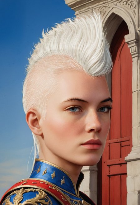 1girl, pen and ink, illustration, vibrant, beautiful, painterly, detailed, textural, artistic, concept art, masterpiece, <lora:add-detail-xl:1>, great lighting, BREAK, detailed face, watercolour painting of a palace female guard, 25 year old, white hair, Mohawk shaved on the sides, elf ears , halberd, in elaborate shining ornate ceremonial armor, silver and gold, red and blue, coat of arms depicting a silver tower on azure field, medieval, fantasy, blue and white, in front of palace door