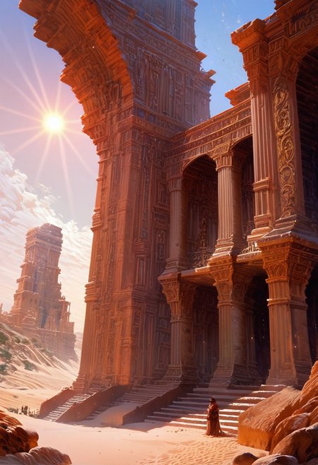 score_9, score_8_up, score_7_up, masterpiece, landscape, sand, desert, Roman architecture, buildings, sun, epiCPhoto