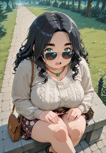 IllusP0s, PonyScores7, source_anime, ah1, IllustriousQual, interesting, exciting, spectacular, wonderful, amazing quality, absolutely eye-catching, very awa,
BREAK <lora:xl_more_art-full_v1:0.2>, <lora:aesthetic_anime_v1s:0.2>, <lora:detailxl:0.2>, detailxl, amazing quality, best aesthetic, absurdres, illustration, Volumetric_Lighting, ultra-detailed, very aesthetic, intricate details, best_quality, lazympos, <lora:Add_Details_v1.2:0.4>, <lora:quality_modifiers_masterpieces_v1:0.2>, anime style, <lora:HDA_Detailer:0.3>, <lora:natsumi_style:0.2>, <lora:by_usakun-pony:0.2>, by usakun, <lora:Akina_Bbw_Style_-_PonyXL:0.2>, AkinBw,
BREAK (((sitting with back straight and legs crossed, hands resting on the knees, looking peacefully ahead))), dynamic pose,
BREAK 1girl, mature female, (curvy), round-chin, caucasian, <lora:ETO_OC_Illustrius:0.5>, eto_oc, skindentation, (plump), thick thighs, wide hips, busty, voluptuous, round ass, gigantic breasts, <lora:plussizegirls_IL:0.3>, <lora:plussizegirls_pony:0.3>, <lora:shinyskin2:0.2>, glistening skin, HDA_FatGirlXL, <lora:perfection style:0.2>, perfection style, perfection, 
BREAK ((Floral midi skirt, Cropped cardigan, Oxford shoes, Structured handbag, Layered chain necklaces, Retro sunglasses)),
BREAK (curly hair), long hair, (black hair:1.4), (parted hair:1.7), messy hair, kinky curls, detailed hair, <lora:hairdetailpxl:0.2>, hairdetailpxl,
BREAK (half green and brown eyes), (colorful eyes), (multicolored eyes), (downturned eyes:1.4), expressive eyes, perfect eyes, eyes hd, detailed eyes, (round face:1.2), (thick eyebrows:1.3), (plump face), lips, <lora:Round_face:0.2>, iris lines, <lora:Detailed eyes-Illustrious:0.3>, iris and pupil, soft shimmer on the iris,
BREAK (((expression mouth open hungry expression))), Expressive, emotional, looking at viewer, Face Detailed, <lora:Expressive_H:0.2>, Expressiveh, <lora:Emotional_Anime_Expressions_PonyXL_Concept:0.2>, <lora:Best_Facial_Expression_LoRA_PONY:0.2>, looking at viewer, <lora:Detailed expressive EXEV style -XL Pony V1.0:0.2>, FaceDetail, <lora:Best_Facial_Expression_Helper_XTREME_ILLU:0.4>, kaogei,
BREAK (((a magnificent basilica, adorned with marble columns, intricate carvings, a central nave for gatherings and commerce))), (((Overhead Shot))), 4k, 8k, Ultra HD, Masterpiece, Best quality, Detailed background, foreshortening, extreme perspective, full_details, <lora:AddMicroDetails_Illustrious_v4:0.3>, addmicrodetails,