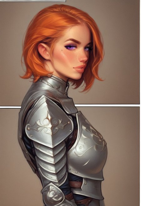 (((side view, beauty young clean face))),
comic style, looking at viewer, highly detailed, source_comic_illustration, from front, 1girl, illustration, comic style, looking at viewer, highly detailed, source_comic_illustrationskinny, looking at viewer, 1girl, masterpiece, best quality, cowboy shot, girl, realistic drawing, anime, by Sam Yang, sharp highly detailed 2d illustration, comic art, (hyperrealism, soft light, sharp), 
BREAK
(adult woman), (1girl, solo), (looking at viewer), ((knight, armor, skirt)), freckles, standing, (orange hair, medium hair), (purple eyes), (best quality, high detail), ((masterpiece)), ((ready to fight, holdind big sword in hands)), <lora:1_ino_20e:1>
BREAK 
((field, mountains)) score_9, score_8_up, score_7_up, score_6_up, source_cartoon, rating_explicit, Expressiveh, (((((upper body))))), dynamic pose