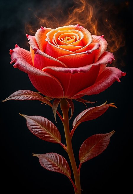 a dvr-onion-flux rose that was an onion that isn't an onion on fire with leaves around it that are gritty and fine, surreal and twirling it fractals in on itself outside itself in the darkness in chaos...EXPLODE!