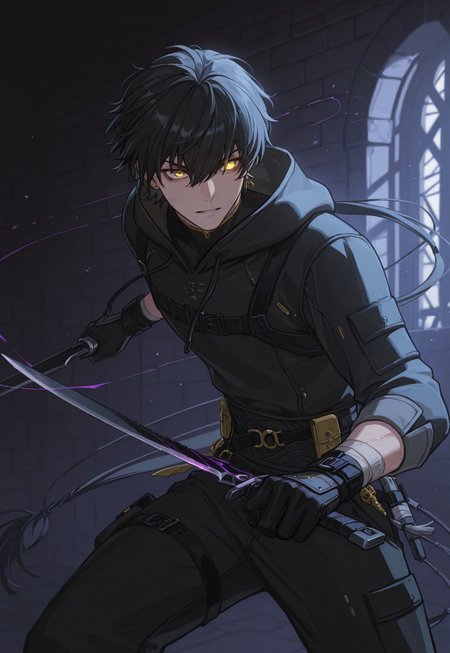 masterpiece, best quality, high quality 
mlwuter, 1boy, male focus, solo, yellow eyes, black hair, bangs, hair between eyes, long hair, low ponytail, ring hair extensions, jewerly, earrings, assassin clothes, hoody wear,
inside a dungeon, fight mode, fight position, holding black bladed daggers, yellow eye trail,
assassin dagger, purple trail, one edge dagger,
facing with a dragon