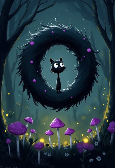 A whimsical illustration of a thin black cat with wild tattered fur in dark whimsical art style, coiled into an impossible spiral shape while contemplating a glowing purple mushroom, digital painting with mysterious brushstrokes showing shadows and light, dark forest background with distant lights, characteristic Tim Burton inspired design with enormous sapphire eyes holding ancient wisdom