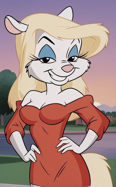 score_9, score_8_up, score_7_up, contrapposto, hand on hip, sunset, sidelighting, cityscape, vanishing point, outdoors, depth of field, solo, looking at viewer,   <lora:PONYXL_Animaniacs_MinervaMink_ownwaifu:1>, BREAK RedDressBareShoulders_MinervaMink_ownwaifu, 1girl, blue eyeshadow, eyelashes, furry female, mouse girl, pink nose, snout, blonde hair, animal ears, bare shoulders, red dress, white fur, body fur, animal nose, off shoulder, white skin, long hair, medium breasts, black eyes, long sleeves, off-shoulder dress, makeup, cleavage, short dress, strapless dress, legs, short sleeves, collarbone, colored skin, red sweater, pencil dress, fox tail, mouse ears, puffy sleeves, red sleeves, <lora:add-detail-xl:0.15>,