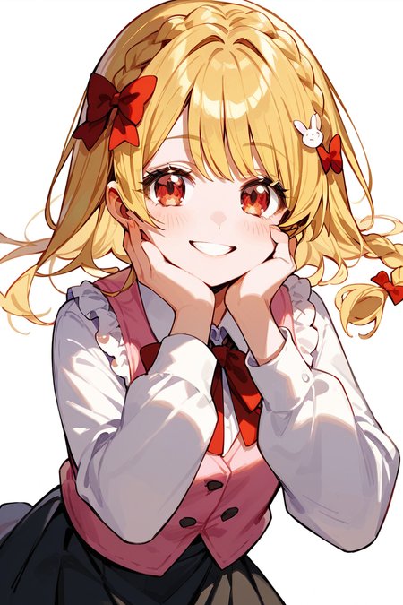 score_9, score_8_up, score_7_up, score_6_up, 1girl,
 <lora:Aimoto_Rinku:0.8> rinku, blonde hair, smile, braid, red eyes, rabbit house uniform, simple background, pink vest, black skirt, red bow, long sleeves, hand on cheek, hair ornament,