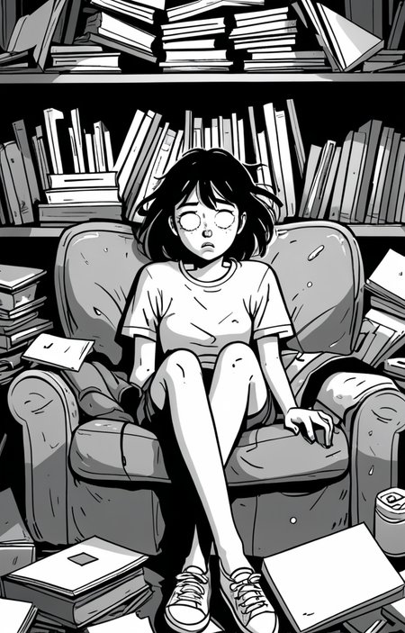 masterpiece,best quality,<lora:tbh373-sdxl:0.6>,illustration,style of exhausted people ,greyscale and white,comic tech genius teenage girl