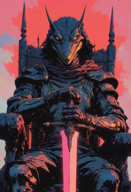 Alligator , sitting on a throne, medival style water color art, ink art, holding a pink glowing sword, glowing yellow eyes, anthropomorphic alligator, Great details armor