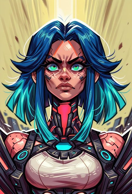 score_9, score_8_up, score_7_up, score_6_up, 1girl, BREAK,
 Ra3lyn,  Cyberpunk Style, masterpiece, best quality, good quality, very aesthetic, absurdres, newest, 8K, depth of field, half-face demon, focused subject, portrait, dynamic angle, action shot, 1girl, solo, medium hair, split hair, split-color hair, two tone hair, blue hair, red hair, (low-tied_long_hair), front locks, twin locks, front locks, white clothing, looking at viewer, fierce look, organic, the cyborg is very sinister and dangerous, cross_draw, glowing katana, thermal katana, sword_draw, iaido, one_hand_on_sheath, unsheathing, duality, light and shadow, dark and bright
in the style of cksc, zPDXL