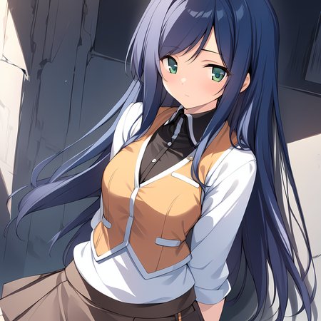 (masterpiece),(best quality),(ultra-detailed),(best illustration),(best shadow),(absurdres),(detailed background),(very aesthetic), Natsuki Kuga, standardoutfit, 1girl, weapon, solo, long hair, blue hair, dark green eyes, hands behind back, arms behind back, skirt, vest <lora:NatsukiKugav1:1>