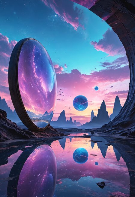 A view inside a mirror filled with multiverse, alien civilizations, ancient civilization, future civilization dramatic lighting, concept art, night time, purple and blue sky in the sky<lora:add-detail-xl:1> <lora:MJ52:0.5> <lora:sss:0.5>