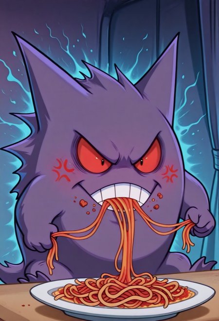 tjstyle, cartoon,  absurdres, highly-detailed, best quality, masterpiece, very aesthetic, amazing quality, 1boy, PKMN_Gengar, eating spaghetti, messy, food on face, angry, anger mark