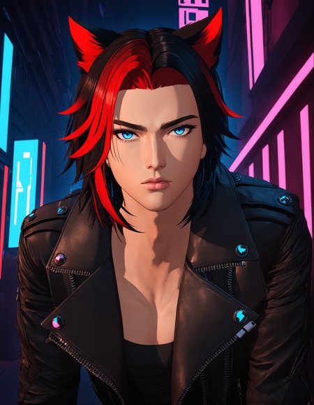 1boy, Criss X'voor, slsxl style, solo, looking at viewer, blue eyes, animal ears, cat ears, multicolored hair, black hair, red hair, parted lips, jacket, pouting, lips, gradient hair, leather, leather jacket, cyberpunk, cinematic lighting, cinematic angle, masterpiece, best quality , <lora:SL_SDXLv1:0.8>