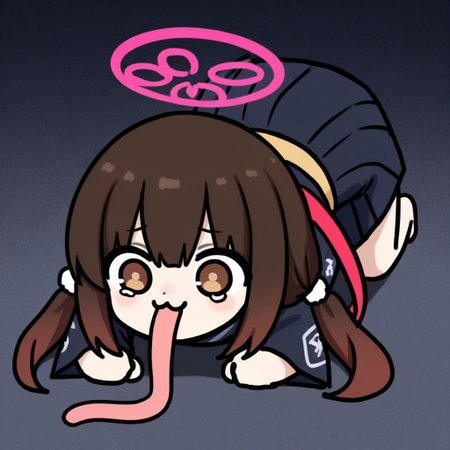 asanagi style, 1girl, solo, 
project_kv_ohitome_kohane, brown hair, multicolored hair, gradient hair, brown eyes, low twintails, chibi, halo, 
parody, on stomach, mismatched pupils, all fours, very long tongue,
(masterpiece, amazing quality, absurdres, highres, newest, very awa:1.2)