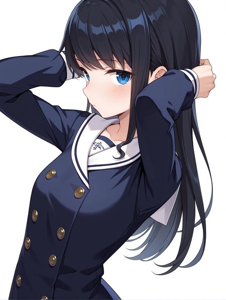 masterpiece,best quality,newest,
1girl,solo,
<lora:k_mutsumi_ilxl_v1.0:1>,k_mutsumi,black hair,long hair,blue eyes,
aizumi,blue dress,long_sleeves,double-breasted,
<lora:Fixhands_anime_bdsqlsz_V1:1>,dynamic_angle,looking_at_viewer,standing,light_blush,armpits,hand_in_hair,upper_body,face_focus,simple_background,white_background,