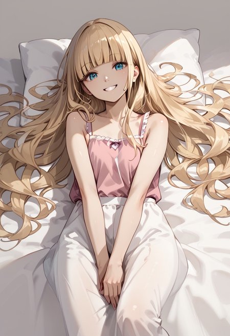 score_9, score_8_up, score_7_up, score_6_up, score_9, score_8_up, Sana Kashimura, 1girl, blonde hair, blunt bangs, long hair, smile, solo, very long hair, pink sleeveless pyjamas, in bed, bedroom background