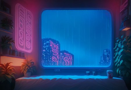 score_9,score_8_up,score_7_up,score_6_up, 
steaming coffee cup on windowsill, plants on the windowsill, wall of plants, monstera plant, large plant, tidy bedrrom, small room, cramped bedroom, teddies on the bed, cyberpunk city view out of the window, neon light, purple neon lights, rain, rain outside, rain on the window
