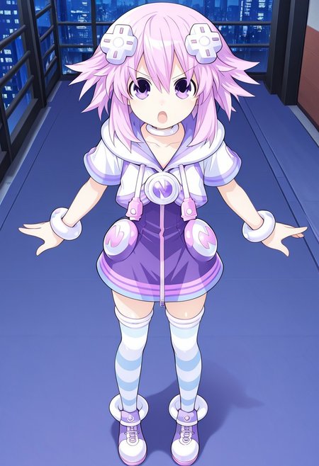 masterpiece, best quality, amazing quality, very aesthetic, absurdres, newest,shiny skin,, anime screenshot,  anime coloring, NepNep, purple hair, purple eyes, neptune (neptune series), NepNep, Fol001, Np_Def, purple hair, purple eyes, neptune (neptune series), d-pad hair ornament, cropped hoodie, closed hoodie, white hoodie, white hood, hood down, white choker, zipper dress, purple dress, white bracelet, collarbone, striped thighhighs, short sleeves, white thighhighs, blue thighhighs,
simple background,  city background,   open mouth, looking at viewer, xdive, Serious expression, Full body,