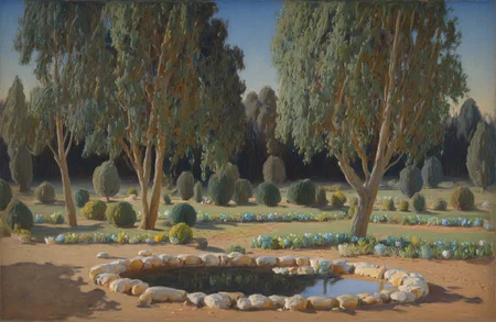 artist: sargent, painting \(medium\),painterly, watercolor \(medium\),  no humans,  gradient background, landscape, garden, flowers, trees, pond, shadow, 
 <lora:John Sargent Illustrious 0.1-step00000630:0.8>
