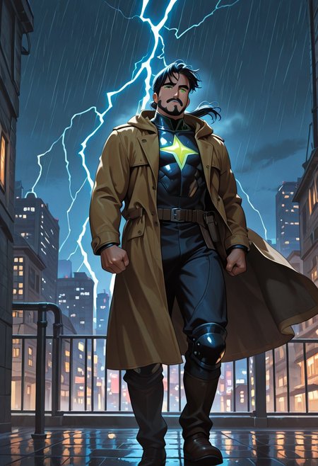 (masterpiece), best quality, 1boy, mbti_enfj, mature man, muscle man, green eyes, black-tied hair, facial hair, city rooftop, night cityscape, heroic stance, urban protector, vigilant gaze, windblown coat, dynamic shadows, glowing city lights, rainy street reflection, hopeful atmosphere, strong jawline, intense focus, lightning flash, steam from vents, distant sirens