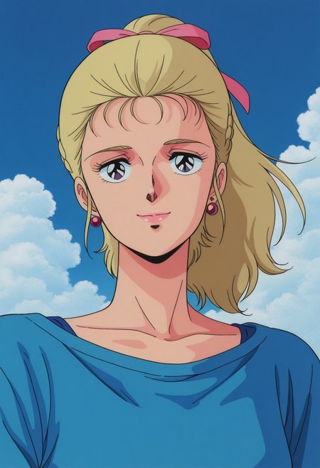 masterpiece, best quality, source_anime,official art,perfect_anatomy,1980s_\(style\),retro_artstyle,1girl,solo,linda plato,1girl,purple eyes,blonde hair,ponytail,hair ribbon,jewelry,earrings,blue shirt,looking_at_viewer,smile,upper body,day,blue_sky,cloud