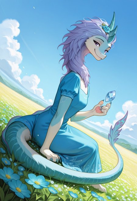 score_9, score_8_up, score_7_up, <lora:add-detail-xl:1>, Expressiveh, watercolor \(medium\), traditional media, 4k, absurdres, masterpiece, HD, high quality, best quality, sharp image, detail, detailed background, (full body image, dutch angle, low-angle view), 
She holds out a blue gemstone in the shape of a heart to the viewer. The gemstone glowed from within,
sitting in a (field of flowers), spring, peaceful look, warm smile, looking at viewer, 
solo, ((female furry, dragon, sisu_ratld)), handpaw: four fingers, hindpaw: three toes, claws, double horns, blueish purple hair, long hair, blue fur, (light neck mane), back dorsal fins, purple eyes, long body, long neck, long tail, barefoot, 
(blue spring dress, short sleeve), turquoise flower hair ornament,  turquoise flowers in the hair,