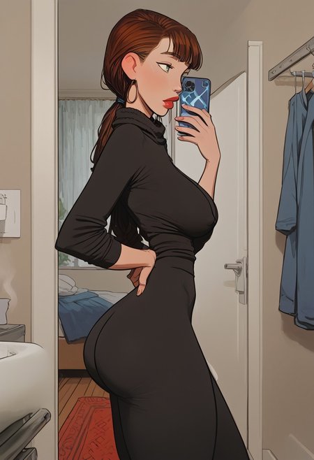 masterpiece,best quality, highly detailed, score_9, score_8_up, score_7_up, score_6_up,source_anime, 
BREAK, datmom, dark green eyes, curtain bangs, 35 year old, mature woman, slim thick, thick thighs, round ass, slim, medium large breasts, sagging breasts, yoga pants, , phone, selfie, mirror, solo, pov, side view, profile view, steam, bathroom,
