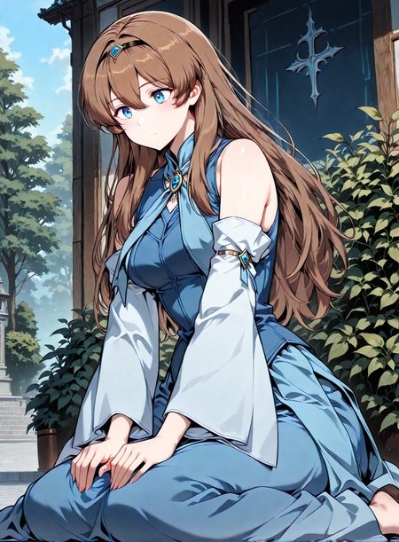 <lora:Anjac_Protesia__The_Knight_King_Who_Returned_with_a_God__Illustrious:1>
brown hair, long hair, hair between eyes, bangs, blue eyes
blue dress,  detached sleeves, hairband, skirt, long dress, wide sleeves, bare shoulders
score_9, score_8_up, score_7_up, masterpiece, best quality, absurdres, perfect anatomy, 1girl, solo, wariza, sitting, hands on own knees, garden background, <lora:iLLMythG0thicL1nes:1>