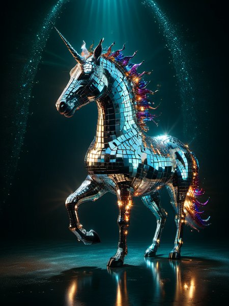 award winning photograph of a mad-dscbll unicorn with radiant grace made of mad-dscbll in wonderland, colorful light reflections, magical, whimsical, fantasy art concept, steampunk, intricate details, best quality, masterpiece, ultra shartp, hyper realistic, realism <lora:Disco_Style_SDXL:0.9>