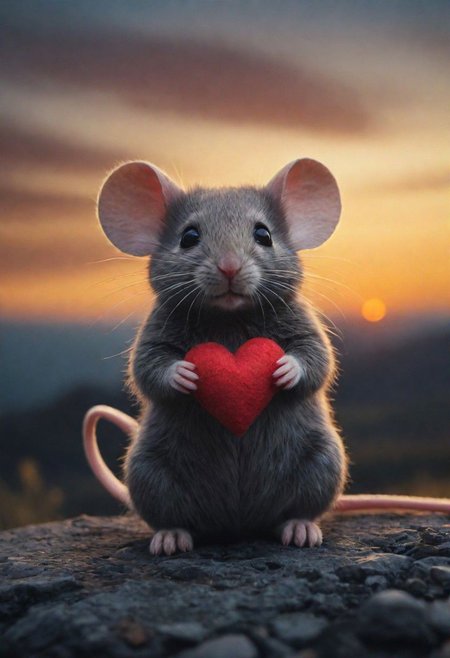 a small, simple, cuddly felt mouse holding a felt heart in its tiny hands, gazing directly into the camera with a joyful smile. The scene is so sweet that it melts even the toughest hearts. Describe the loving atmosphere created by the combination of felt, smiles, and hearts diring a beautiful sunrise