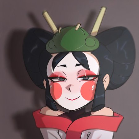 kazebs,1girl,geisha,facepaint,mask on head,black hair,hair stick,facial mark,makeup,kimono,bq,masterpiece, score_9,best quality, incredibily, absurdres,half closed eyes,smile, closed mouth,looking at viewer