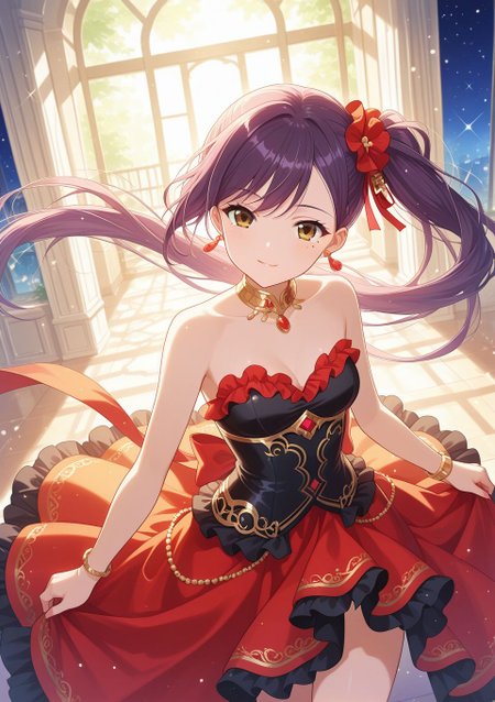 <lora:Liu_IL:1>, purple hair, long hair, side ponytail, bangs, brown eyes, hair ornament, ribbon, mole, mole under eye, jewelry, dress, purple hair, earrings, bracelet, breasts, hair ornament, strapless, scrunchie, frills, strapless dress,,, BREAK
masterpiece, best quality, amazing quality, very aesthetic, absurdres, newest, 
 <lora:Eyes_High_Definition:0.6>, eyesHD, high gradient eyes, detailed eyes, high definition eyes, 
<lora:LECO_Particles:1>, 
BREAK, general, dutch angle, oblique view, light smile, dynamic pose,