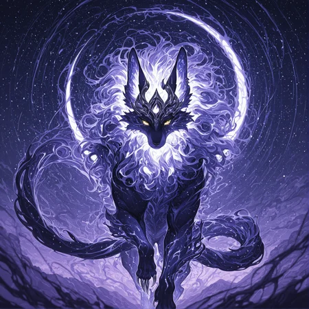 smooth quality, HDR, 8K, masterpiece, best quality, amazing quality, very aesthetic, absurdres, newest, (scenery, volumetric lighting),depth of field, powerful feline beast, quadrupedal with a sleek, muscular frame, deep midnight blue fur streaked with glowing silver patterns, shifting like moving constellations, piercing golden eyes with vertical slits, elongated tufted ears crowned with wisps of stardust, a long, flowing tail resembling a cometâs trail, retractable claws infused with cosmic energy, breath visible in cold astral mist, thick mane shifting between physical and ethereal, silent yet commanding presence, swirling twilight sky in hues of deep navy and amethyst, glowing crescent sigil upon its forehead, drifting motes of celestial dust in the air, soft but radiant bioluminescent glow, dreamlike yet formidable aura, cinematic divine lighting, ultra-detailed cosmic textures, vast depth of celestial mystery. <lora:add-detail-xl:1> <lora:illustrious_quality_modifiers_masterpieces_v1:1>