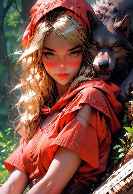 score_9, score_8_up, score_7_up, score_9, score_8_up, score_8, realistic, 19 year old sexy woman, blonde, green eyes, detail eyes, detail face, focus on face, perfect face, Little red riding hood, sitting under a tree, (((huge dark wolf laying beside her))), dark forrest, looking  at viewer, she has a wicker basket with a lid beside her, orange  brown lether corset , short red mini skirt, skirt floting in wind, big round breast, seductive body, cute sexy pose, petite body, flirtatious look, forest background, 8k detail,  detailed face,