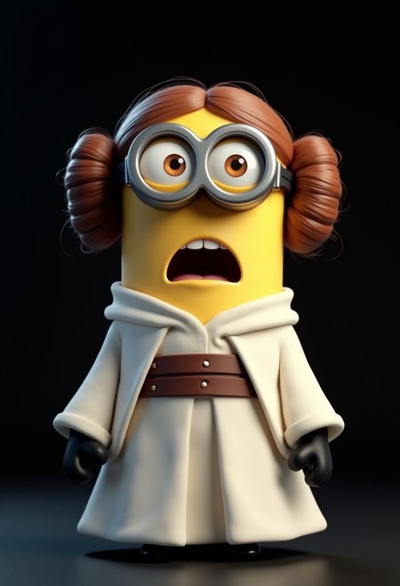 A minion from despicable me, dressed as princess Leia, has hair like princess Leia, looking at viewer, pitch black background, surprised expression
Highest quality, masterpiece, 4k, concept art,