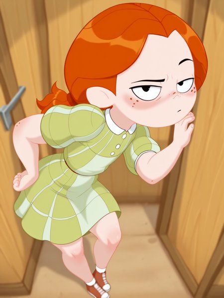 masterpiece, best quality, amazing quality, very aesthetic, absurdres, Shadman, newest, solo, DBLKatieZYN, 1girl, solo, black eyes, ponytail, orange hair, freckles, (green dress), looking_at_viewer