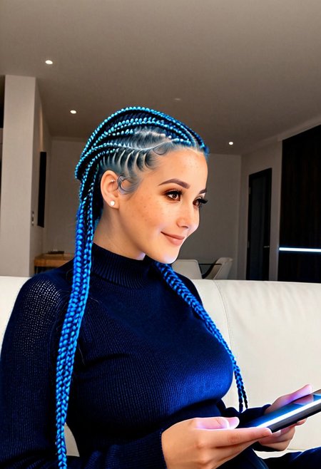 (photorealistic lifestyle portrait, masterpiece:1.1),
SelenaXenon_character <lora:SelenaXenon_SDXL_v1:0.7>,
waist-up shot, sitting in a minimalist, sleek apartment lounge, holding a warm glowing datapad, a faint, thoughtful smile, electric blue intricate braids hair slightly looser but still neat, warm brown eyes, freckles,
wearing comfortable but stylish dark lounge attire (e.g., a fine-knit dark sweater),
soft, warm ambient lighting from unseen sources, relaxed posture,
depth of field with a slightly blurred background of her apartment, serene mood