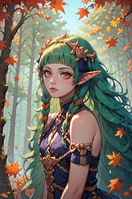 score_9, score_8_up, score_7_up, score_6_up
<lora:FESothis:1.0>
FESothis, 1girl, green hair, long hair, blunt bangs, pointy ears, looking at viewer, autumn forest with falling leaves in the background, warm earthy tones, cozy and nostalgic feel